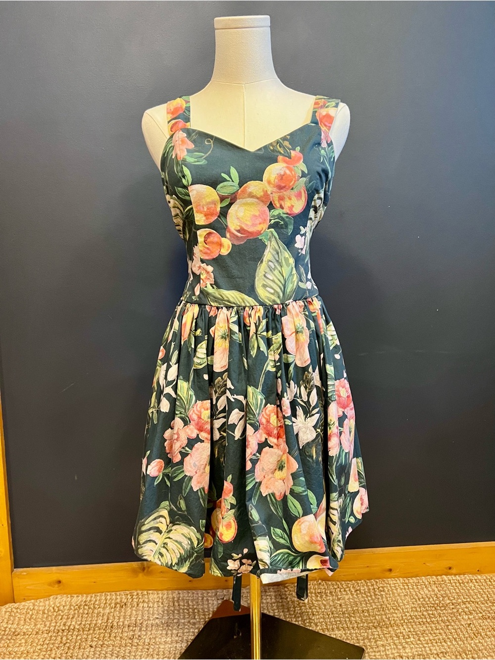 H&M Dark Green Floral Fit-and-Flare Mini Dress with Peach Blooms